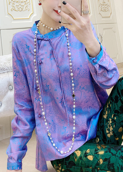 Purple Mandarin Collar Print Button Silk Shirt Top Spring
