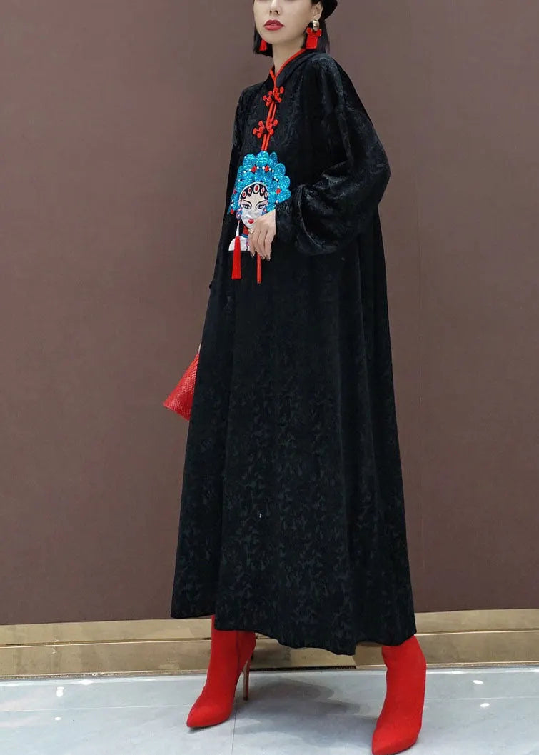Black Oriental Velour Long Dresses Spring