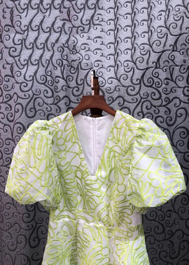 Green V Neck Embroidered Cotton Mid Dress Summer