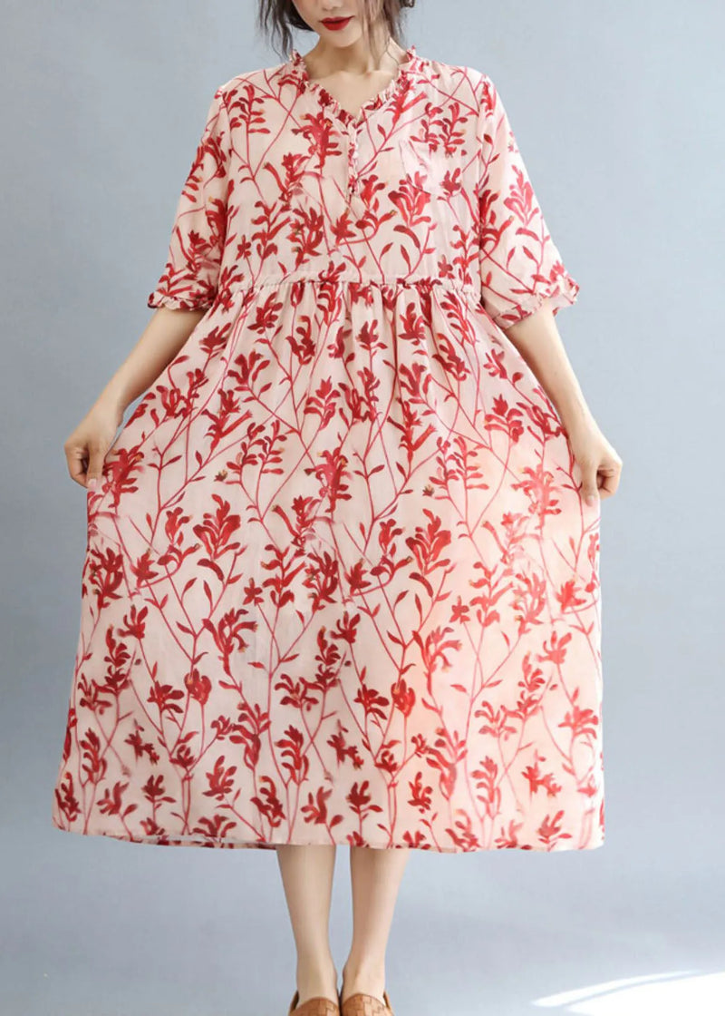 Diy Red Ruffled Print Linen Holiday Dress Half Sleeve
