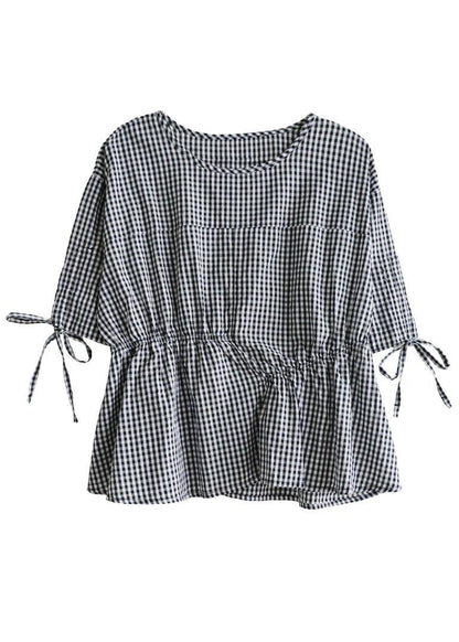 Stylish Black Plaid O-neck Asymmetrical Design Summer Tops Half Sleeve