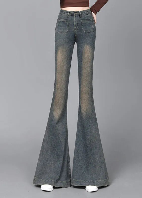 Navy High Waist With Pockets Denim Flare Bottoms Spring