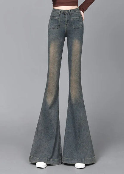 Navy High Waist With Pockets Denim Flare Bottoms Spring