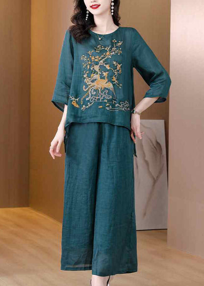 Blackish Green Embroidered Low High Design Linen Two Pieces Set Spring