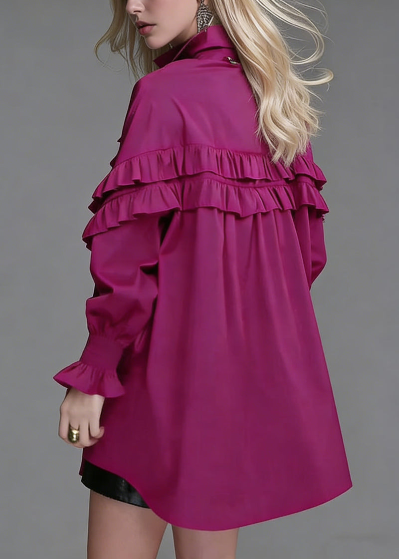 Loose Rose Ruffled Button Cotton Blouse Lantern Sleeve