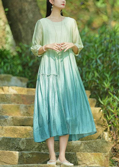 Gradient Color O-neck Ruffled Cotton Long Dresses Bracelet Sleeve Summer
