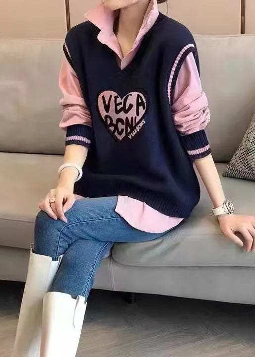 Modern Pink Shirts and Navy Vest Knit Two Pieces Set Fall