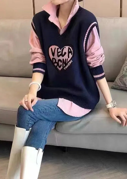 Modern Pink Shirts and Navy Vest Knit Two Pieces Set Fall