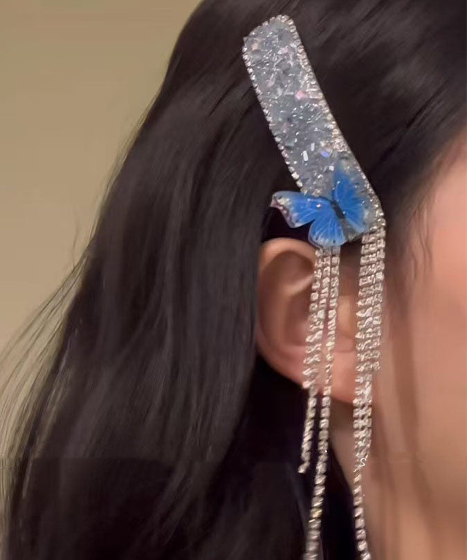 Blue Alloy Zircon Butterfly Tassel a Pair Hairpin