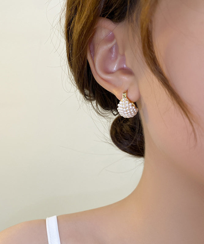 Gold Copper Alloy Pearl Hoop Earrings