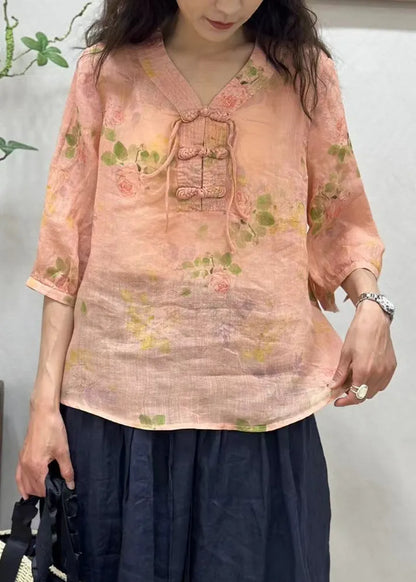Pink Chinese Button Print Linen Shirt Half Sleeve