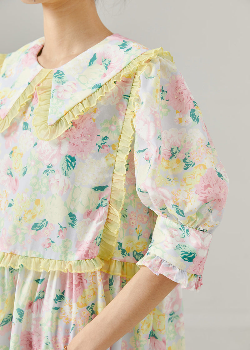 Modern Pink Ruffle Print Holiday Cotton Dress Puff Sleeve Summer