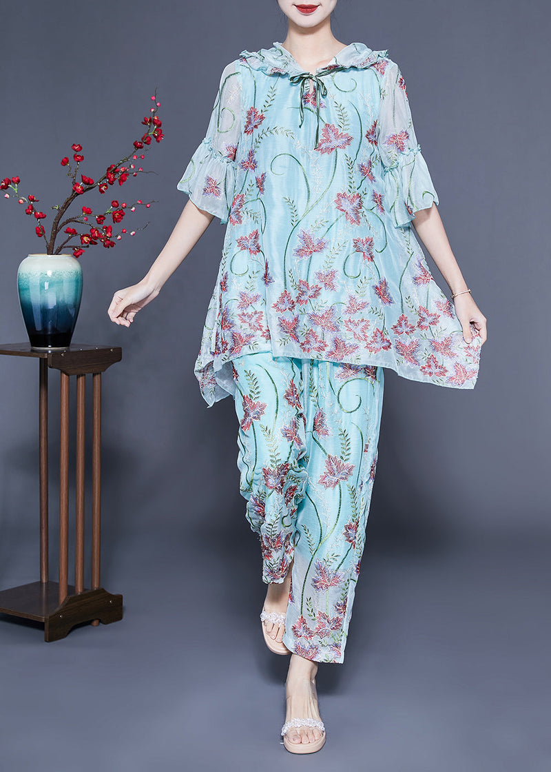 Light Blue Hooded Ruffled Print Silk Two Pieces Set Flare Sleeve