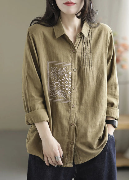 Khaki Lapel Embroideried Wrinkled Linen Shirt Tops Spring