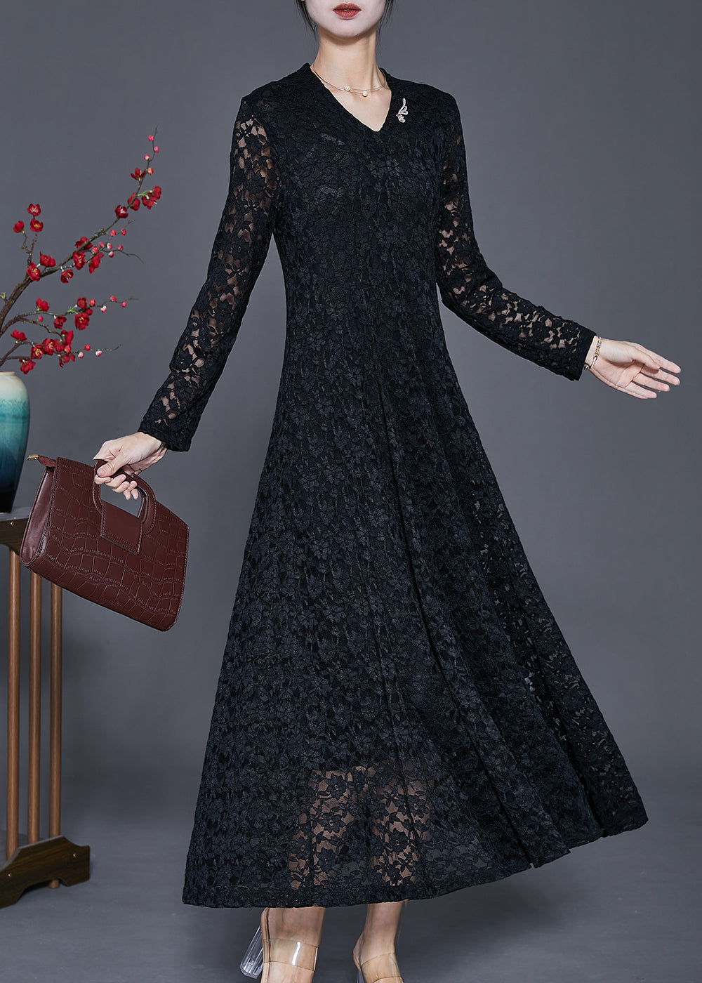 Black Silm Fit Lace a Line Dresses Hollow Out Spring