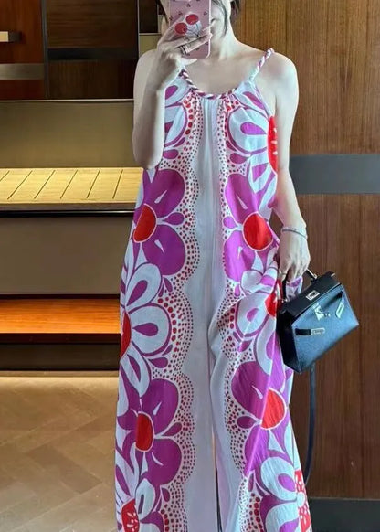 Unique Purple Print Spaghetti Strap Jumpsuits Sleeveless