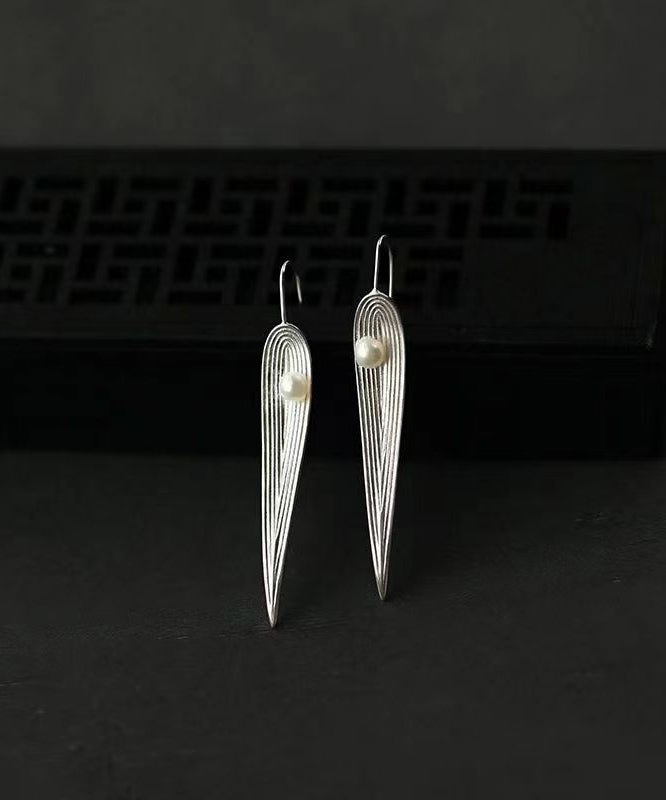Silk Sterling Silver Pearl Bamboo Leaf Drop Earrings
