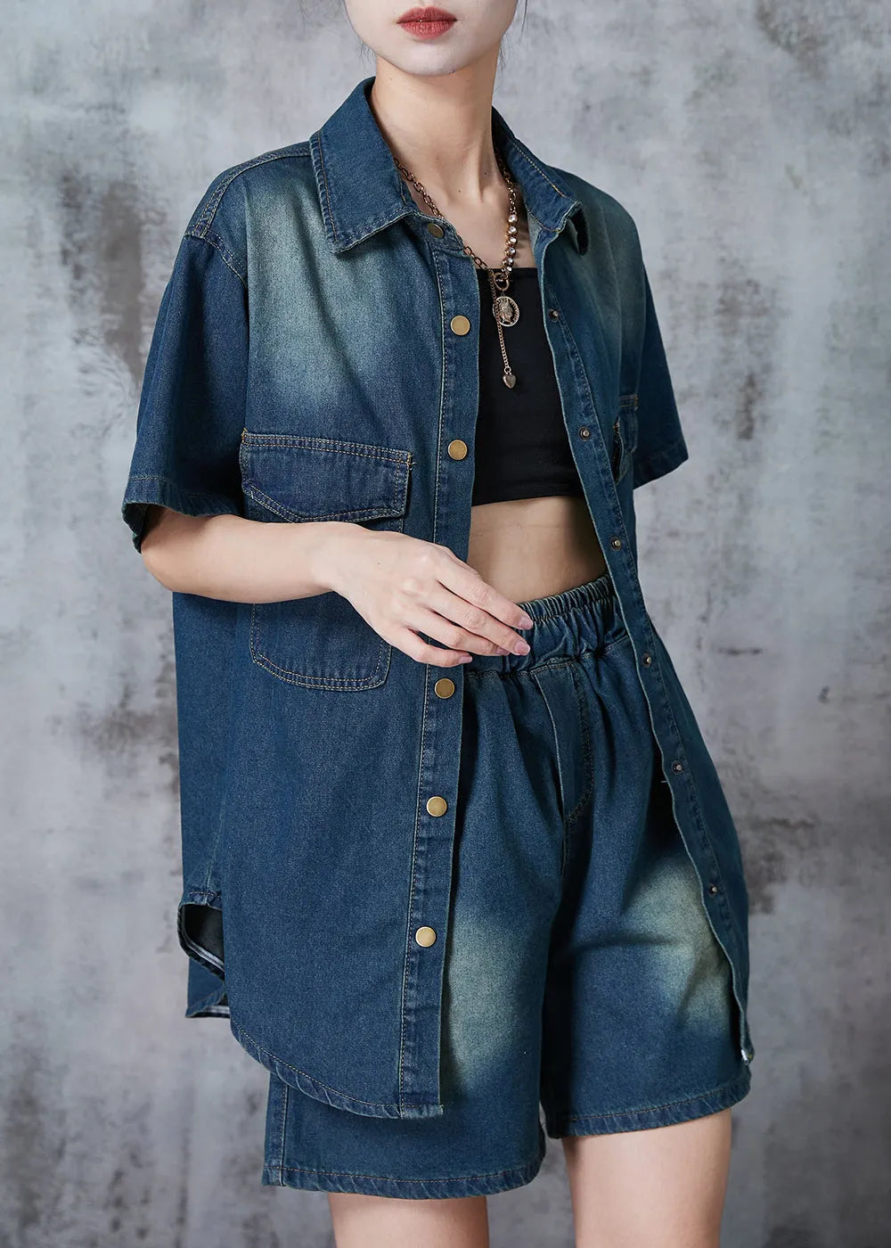 Modern Navy Oversized Denim Sets 2 Pieces Summer