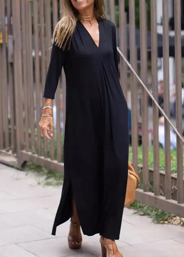 Loose Black V Neck Side Open Cotton Long Dress Bracelet Sleeve Spring