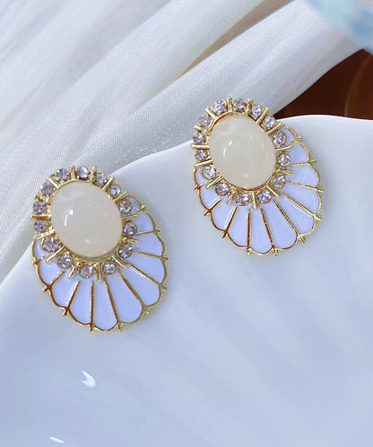 Classy White Copper Alloy Zircon Pearl Fan-shaped Stud Earrings