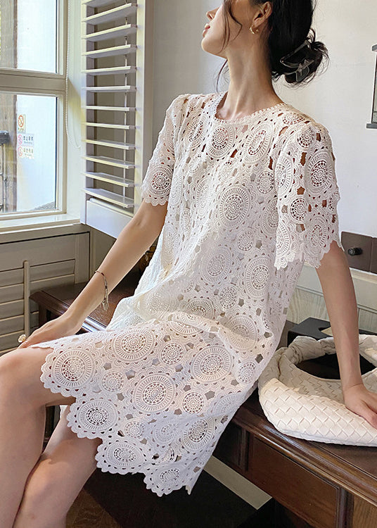 Art White O-neck Hollow Out Cotton Dresses Summer