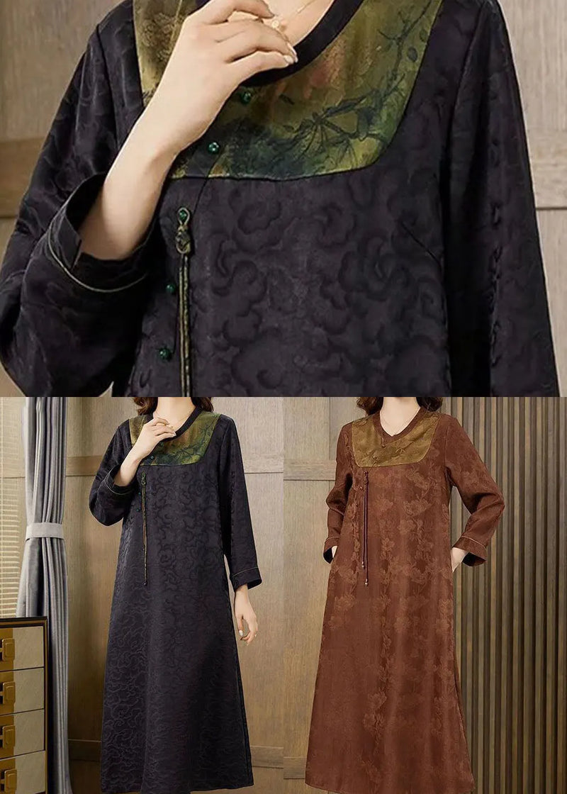 Black Patchwork Jacquard Silk Long Dress Fall