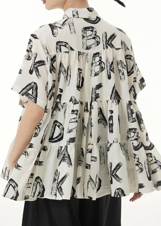 Beige Peter Pan Collar Print Wrinkled Patchwork Silk Shirts Summer