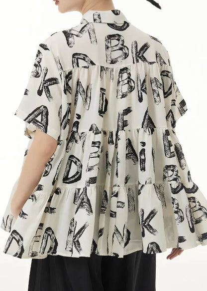 Beige Peter Pan Collar Print Wrinkled Patchwork Silk Shirts Summer