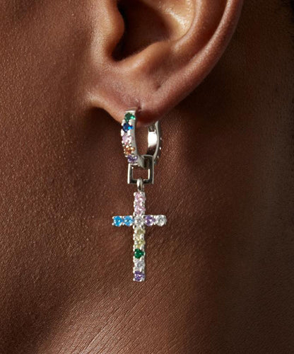 Rainbow Sterling Silver Zircon Cross Hoop Earrings