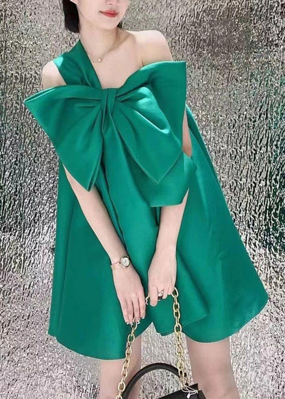 Green One Shoulder Bow Satin Party Dress Summer