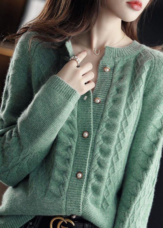 Green Warm Wool Cable Knit Cardigans O-neck Pearl Button Winter
