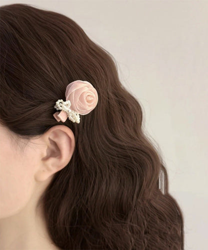 Art Pink Chiffon Pearl Rose Bow Hairpin