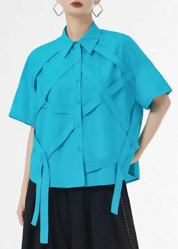 Royal Blue Tasseled Button Patchwork Cotton Shirts Summer