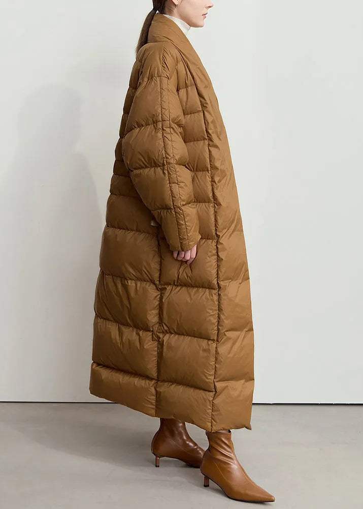 Loose Brown V Neck Pockets Sashes Duck Down Long Coat Winter