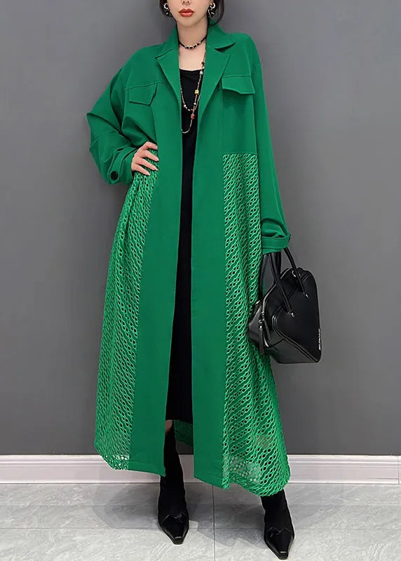 Modern Green Notched Maxi Trench Coats Spring