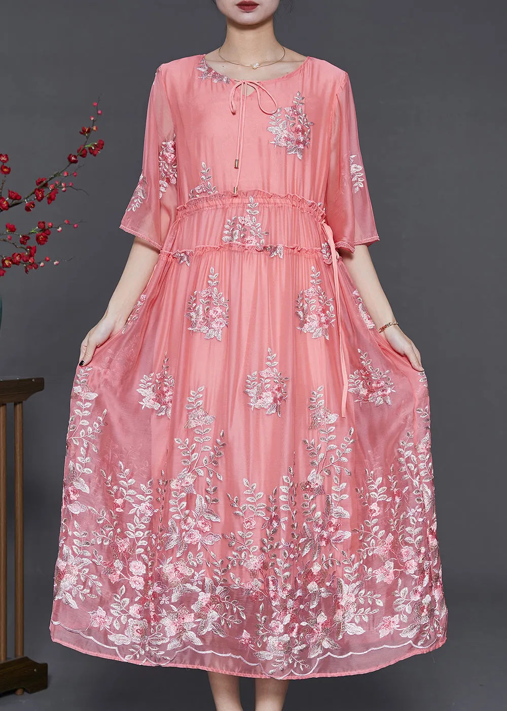 Pink Embroidered Silk Cinched Dress Summer
