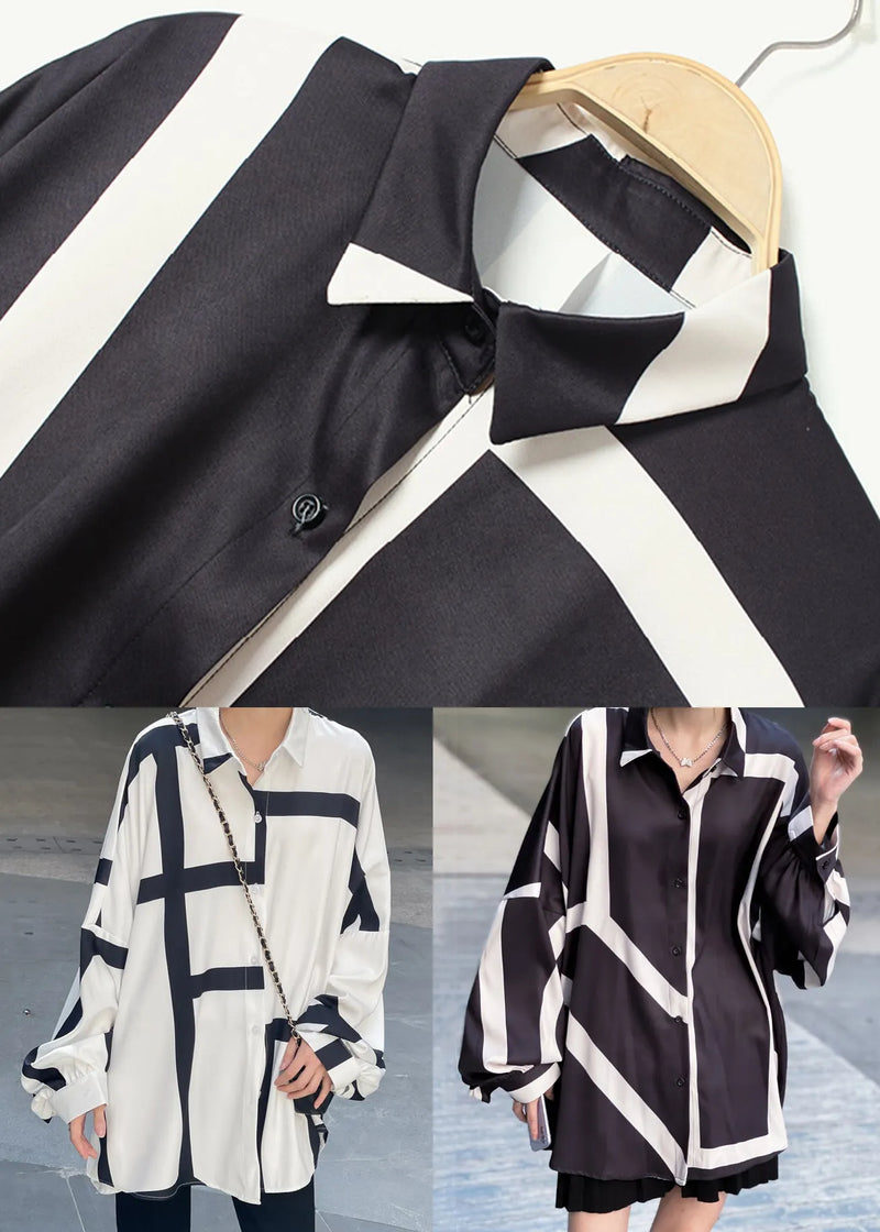 White Asymmetrical Striped Patchwork Cotton Tops Long Sleeve