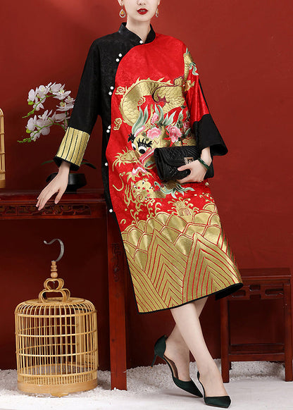 Black Patchwork Red Stand Collar Embroideried Side Open Button Silk Maxi Dresses Long Sleeve