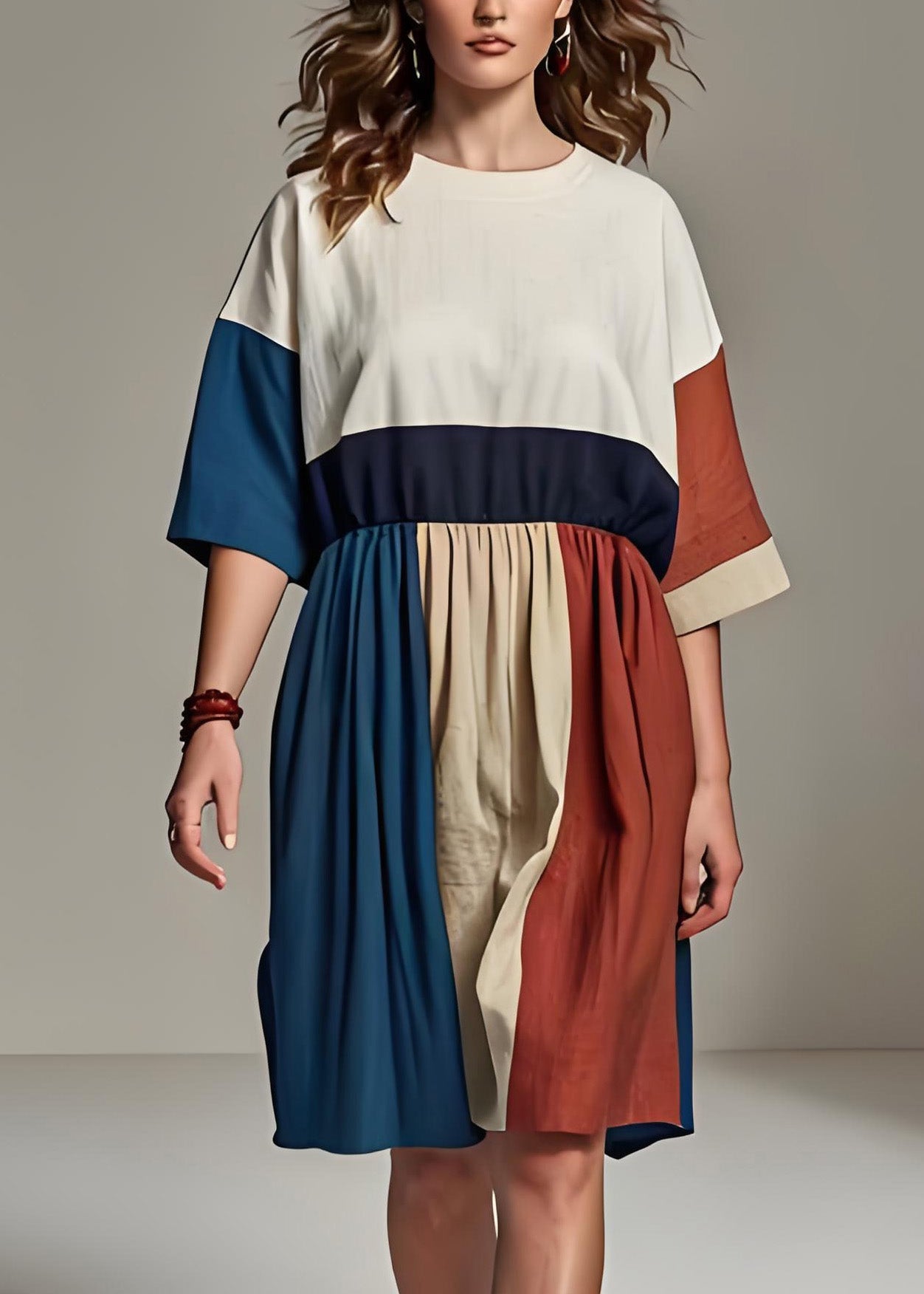 Colorblock O Neck Wrinkled Patchwork Linen Dresses Summer