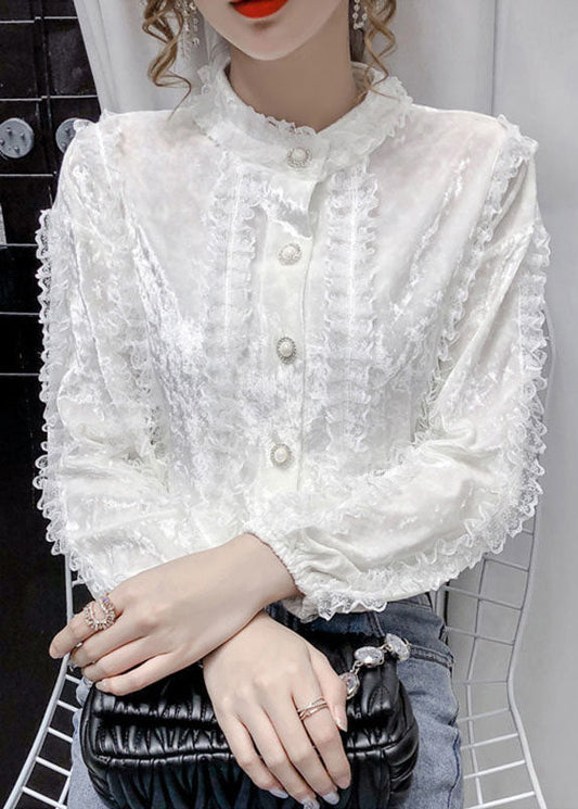 White Stand Collar Button Lace Patchwork Velour Shirt Tops Long Sleeve