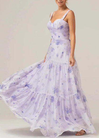 Purple Print Lace Up Chiffon Long Dress Summer