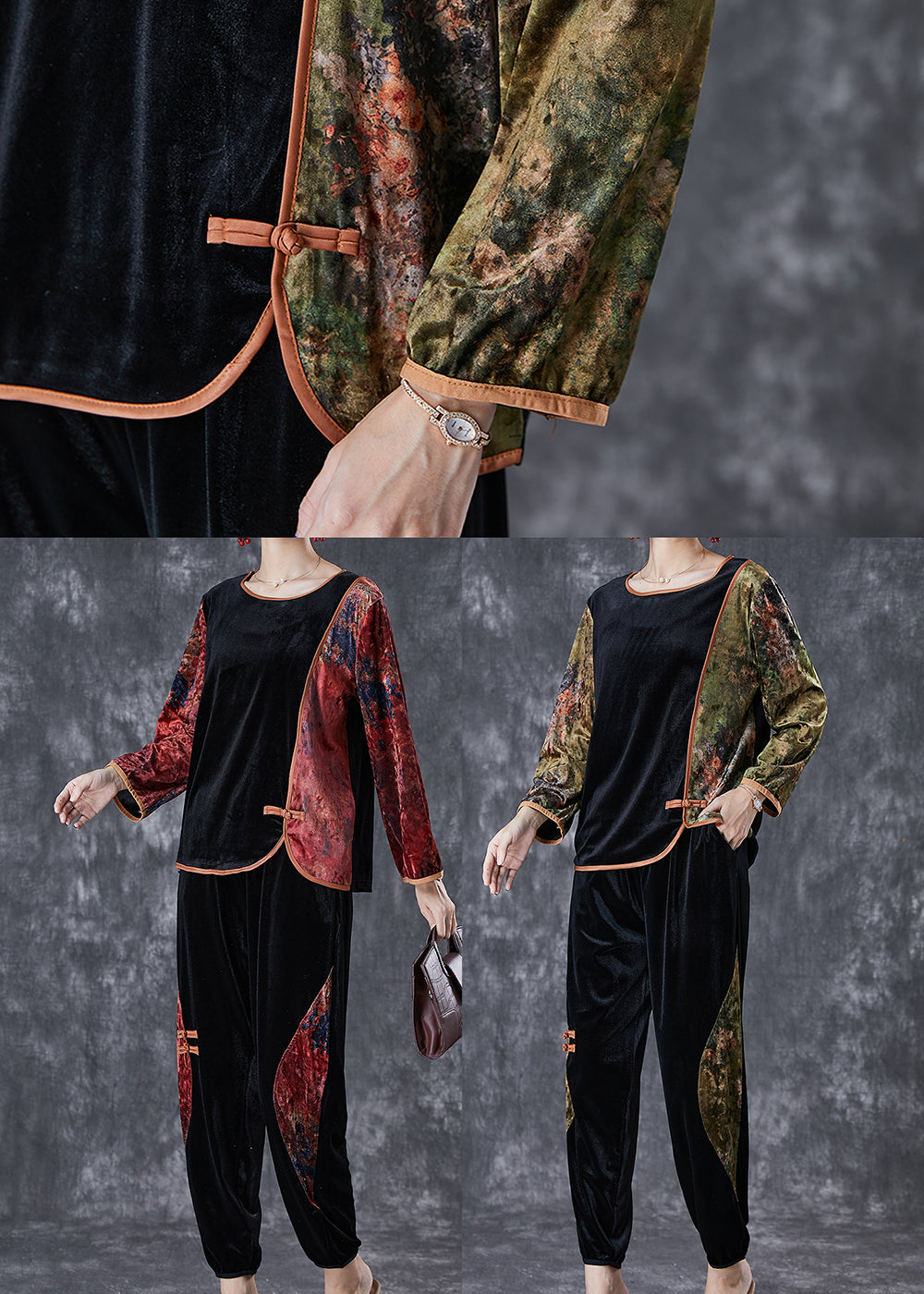 Red Oversized Patchwork Print Silk Velour Two Pieces Set Fall