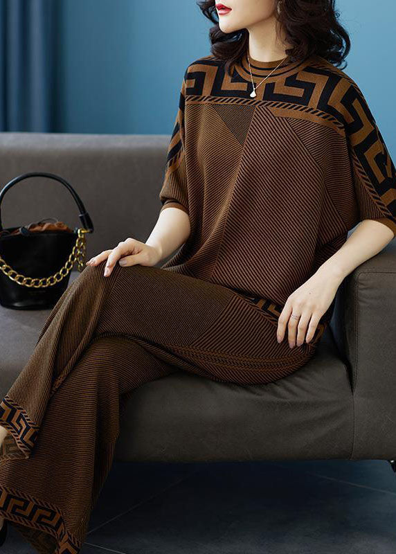 Chocolate Striped Silk Sweatshirt Two Pieces Set O-neck Original Design Fall