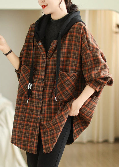 Orange Hooded Pockets Plaid Warm Fleece Jacket Winter