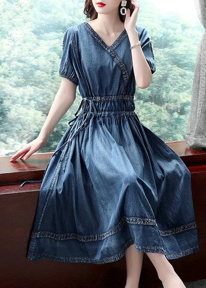 Blue Cinched V Neck Cotton Denim Dress Short Sleeve