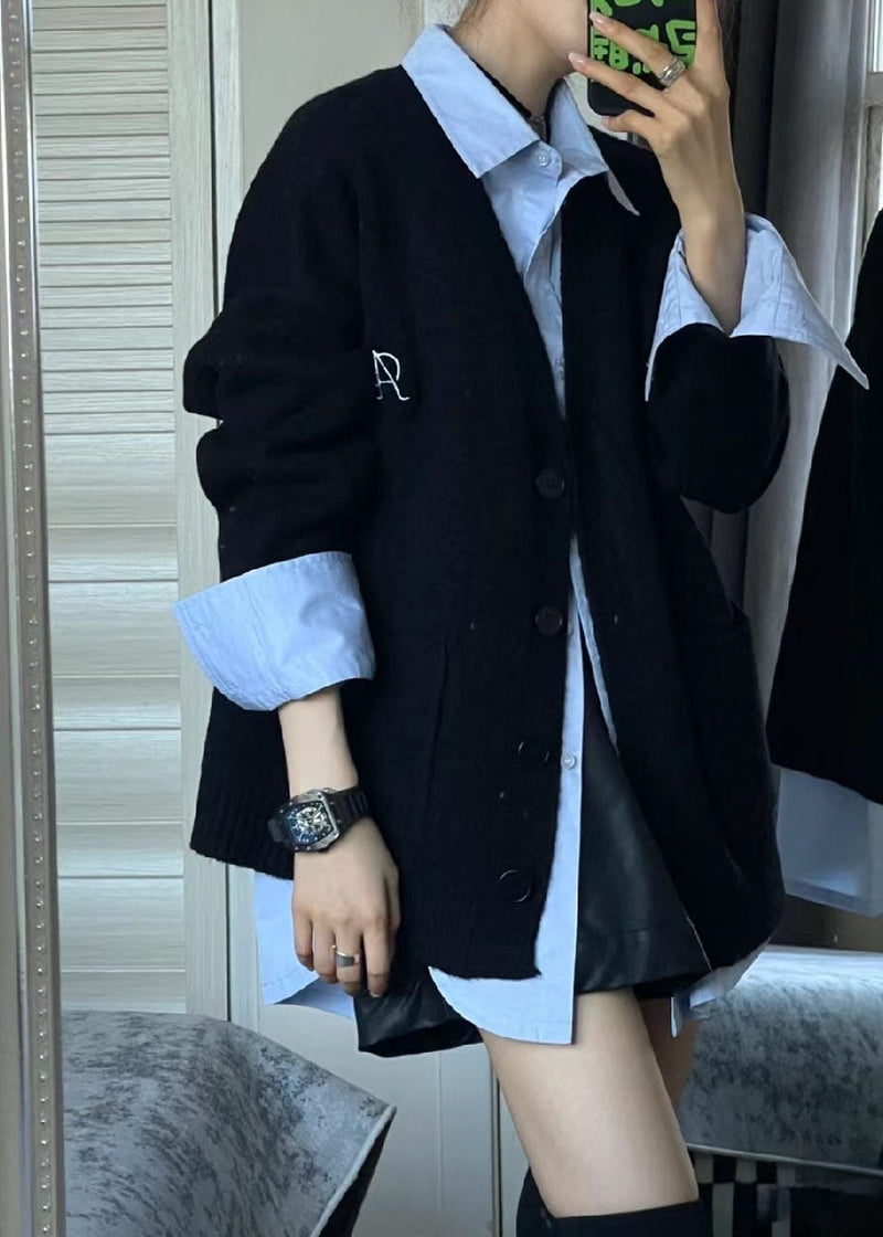 Simple Black V Neck Knit Cardigans and Blue Shirts Two Piece Set Fall