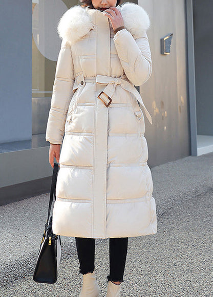 Unique Coffee Fur Collar Tie Waist Hooded Fine Cotton Filled Puffer Coat Winter