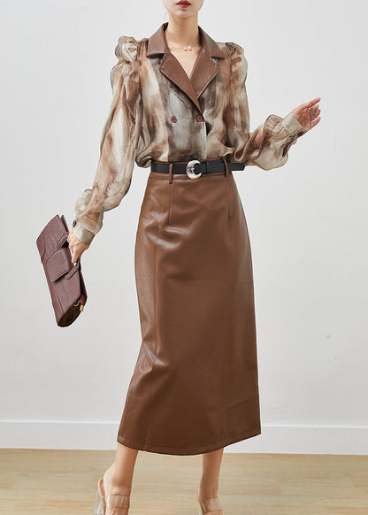 Khaki Tie Dye Patchwork Chiffon Shirt and Faux Leather Skitr Two Piece Set Outfits Puff Sleeve