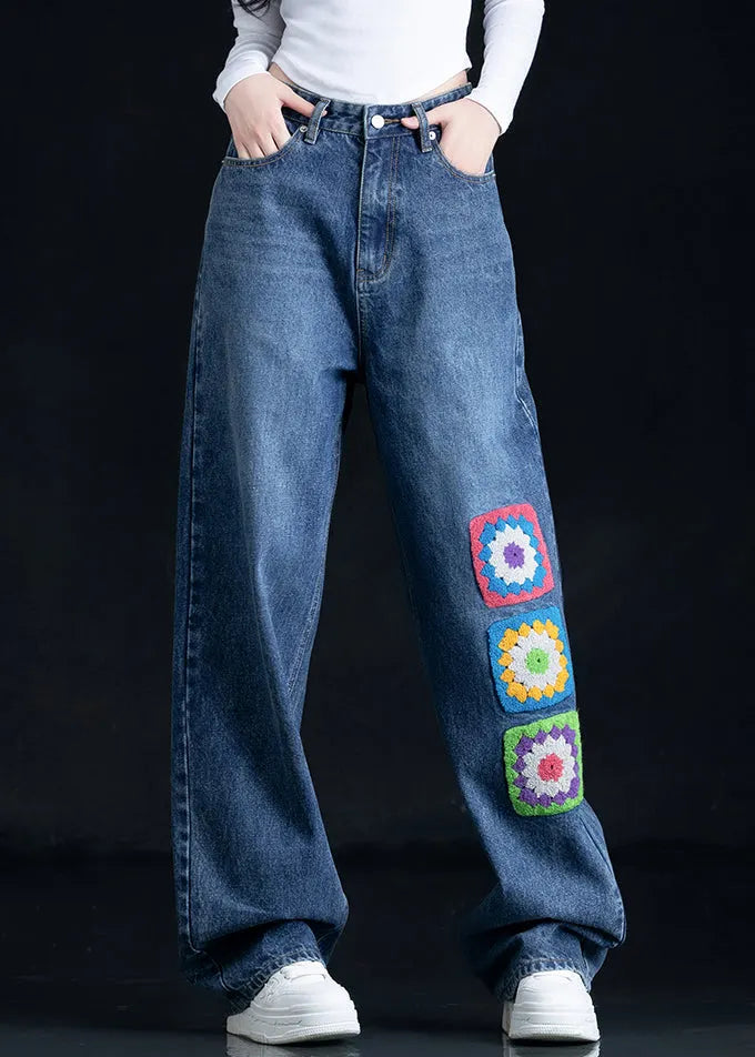 Blue Embroidered Pockets Denim Straight Pants Fall