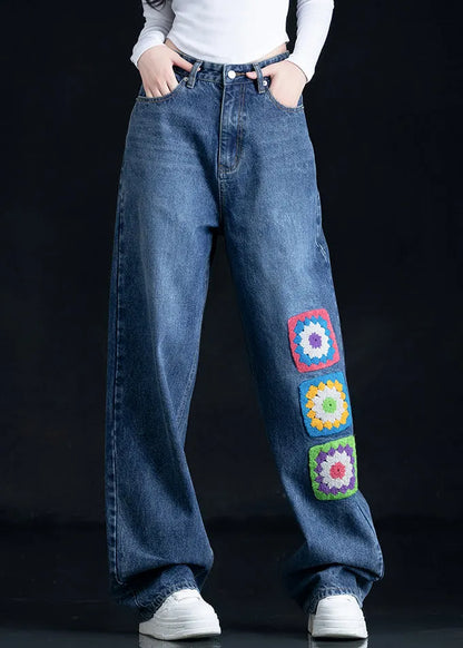 Blue Embroidered Pockets Denim Straight Pants Fall